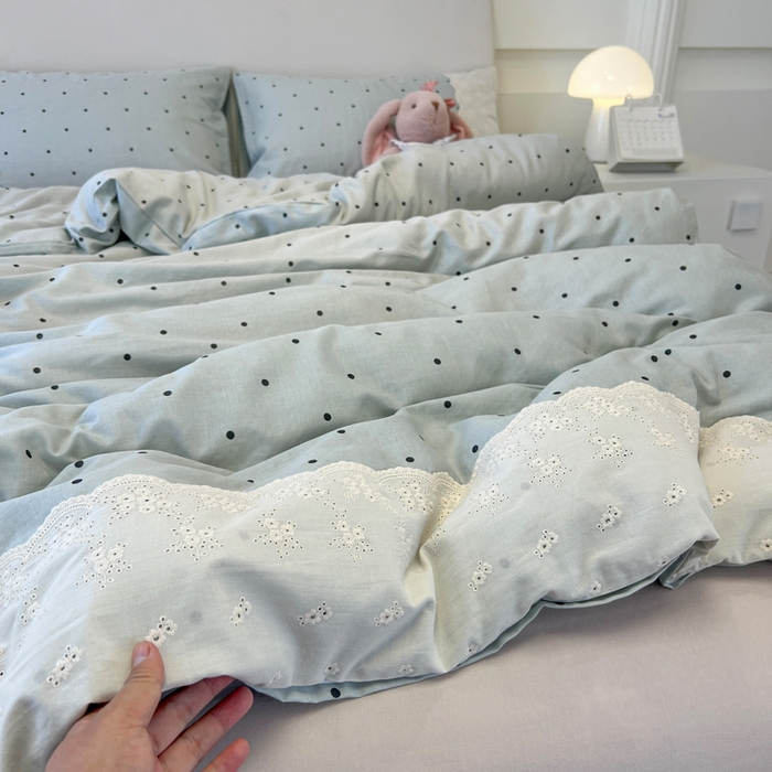 91家纺网 家纺一手货源 找家纺 盼季家纺 2025新款A类法式小清新皱皱纱花边水洗棉床上四件套宿舍床笠三件套 法式花边-海盐蓝蓝