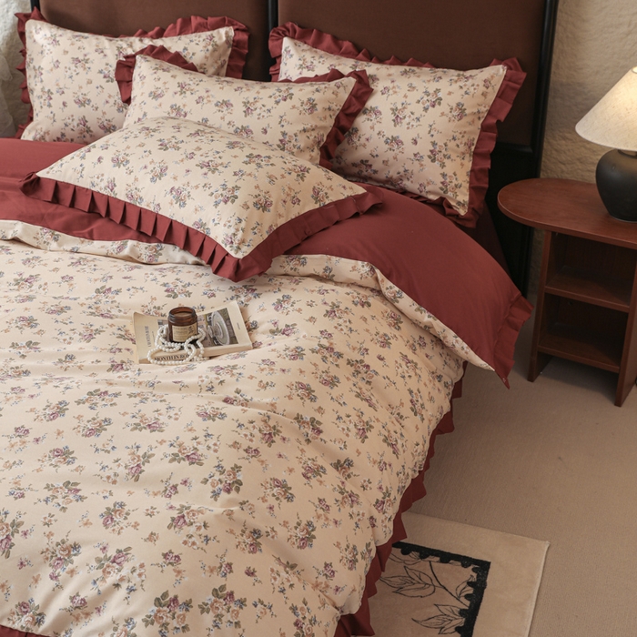 91家纺网 家纺一手货源 找家纺 简宜2025新款荷叶双层纯棉边四件套 菲红花园-荷叶边