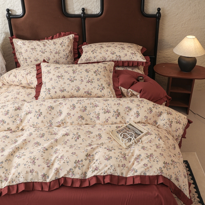 91家纺网 家纺一手货源 找家纺 简宜2025新款荷叶双层纯棉边四件套 菲红花园-荷叶边