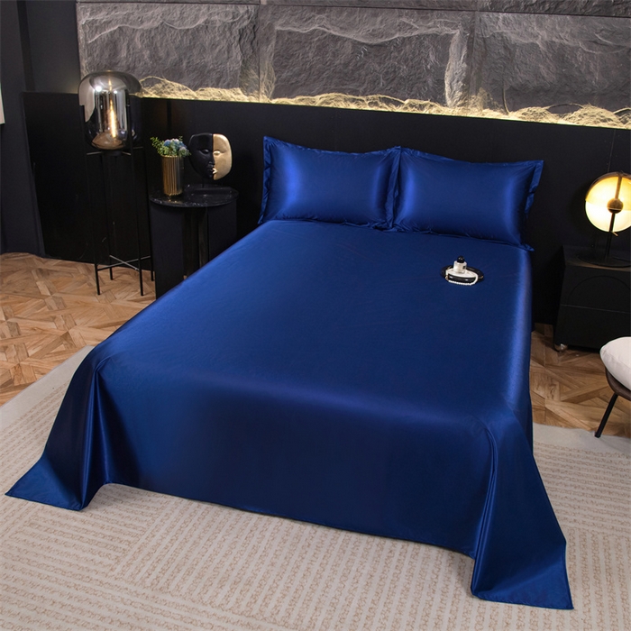 91家纺网 家纺一手货源 找家纺 梦舒羽 2025新款防水冰丝纯色床单凉爽柔顺宿舍双人床单 防水冰丝床单-深海蓝