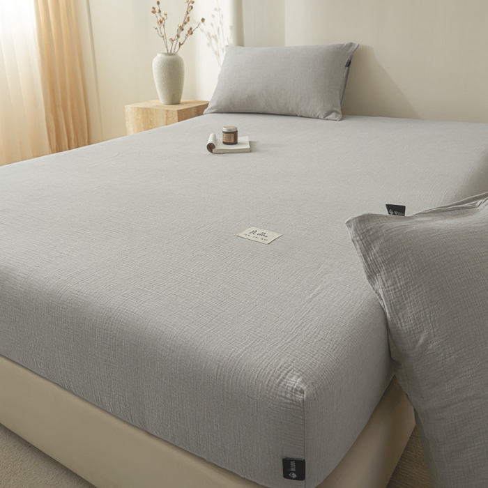 91家纺网 家纺一手货源 找家纺 鑫钰 2025新款A类全棉双棉皱皱纱床笠 气质灰