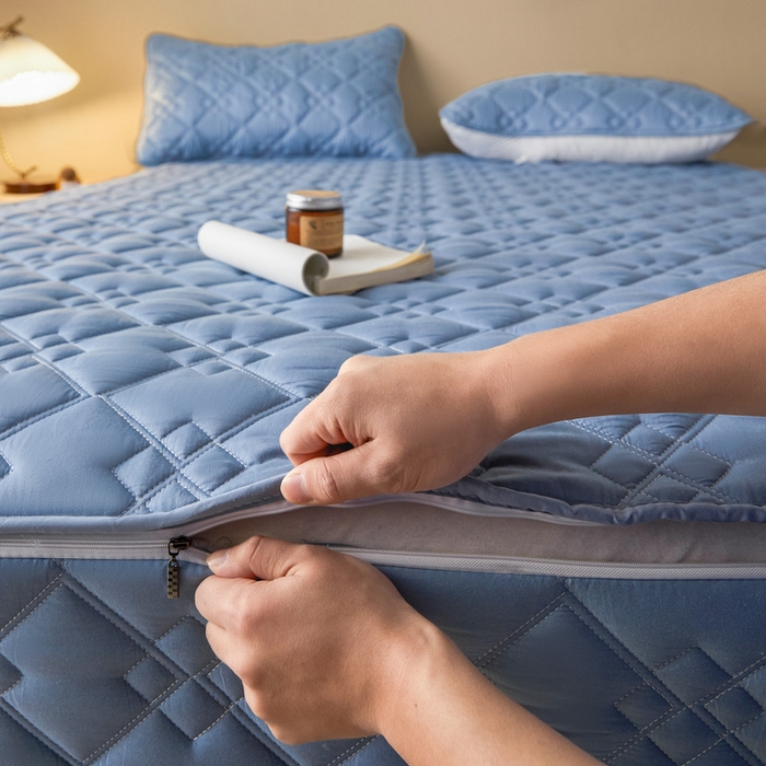 91家纺网 家纺一手货源 找家纺 鑫钰2025新款纯棉全棉六面全包床笠 四方格-全包床笠-湖蓝