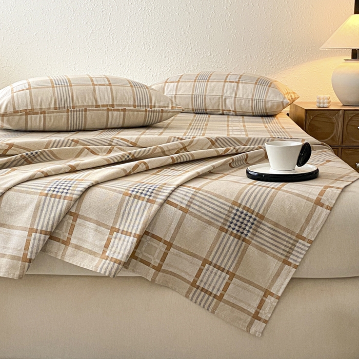 91家纺网 家纺一手货源 找家纺 鑫钰 2025新款老粗布床单床笠系列-格纹系列 格韵咖