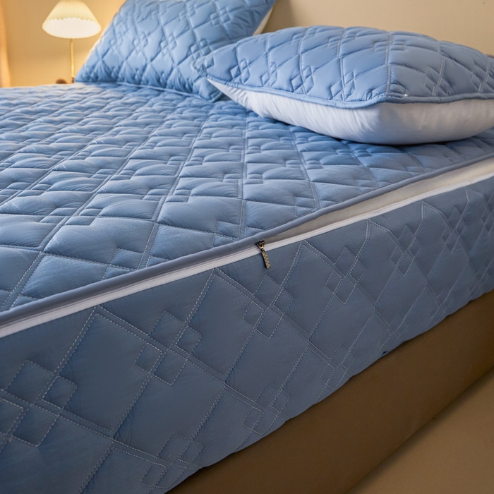 91家纺网 家纺一手货源 找家纺 鑫钰2025新款纯棉全棉六面全包床笠 四方格-全包床笠-湖蓝