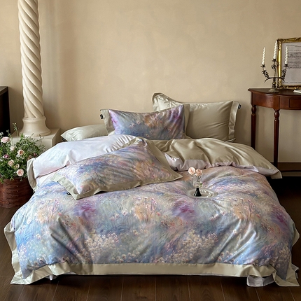 禾时2025春夏新款全棉纯棉100S长绒棉数码印花四件套带精致礼盒包装 紫雾迷情