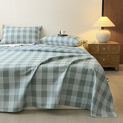 鑫钰 2025新款老粗布床单床笠系列-格纹系列 青缇格