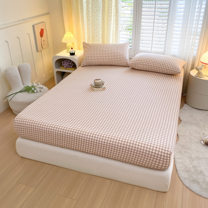 91家纺网 家纺一手货源 找家纺 鑫钰 2025新款全棉有氧双层纱床笠 格子咖