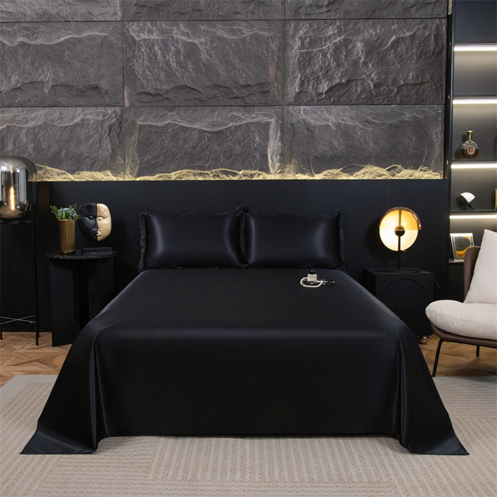 91家纺网 家纺一手货源 找家纺 梦舒羽 2025新款防水冰丝纯色床单凉爽柔顺宿舍双人床单 防水冰丝床单-尊贵黑