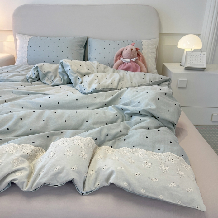 91家纺网 家纺一手货源 找家纺 盼季家纺 2025新款A类法式小清新皱皱纱花边水洗棉床上四件套宿舍床笠三件套 法式花边-海盐蓝蓝