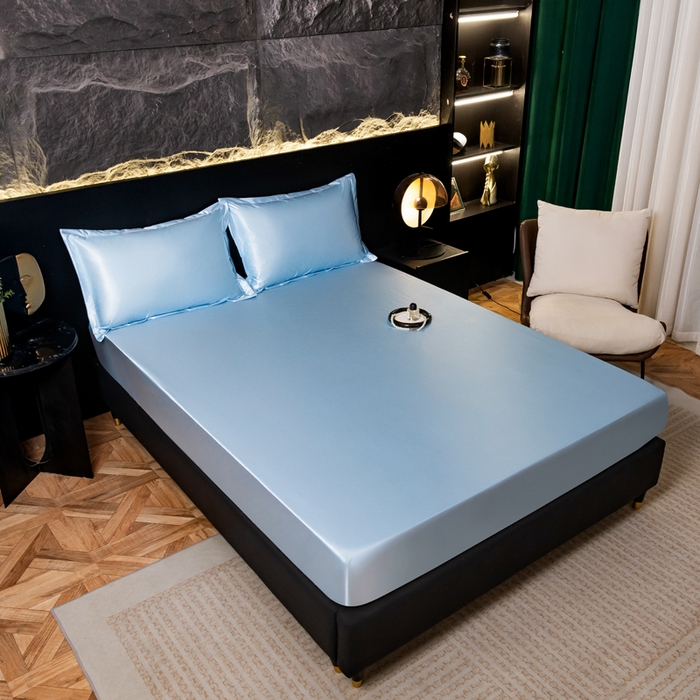 91家纺网 家纺一手货源 找家纺 梦舒羽2025新款防水冰丝纯色床笠凉爽柔顺床垫保护罩 防水冰丝床笠-天空蓝