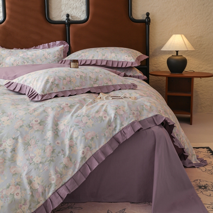 91家纺网 家纺一手货源 找家纺 简宜2025新款荷叶双层纯棉边四件套 芬芳紫-荷叶边