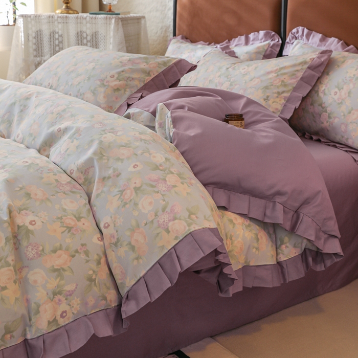 91家纺网 家纺一手货源 找家纺 简宜2025新款荷叶双层纯棉边四件套 芬芳紫-荷叶边