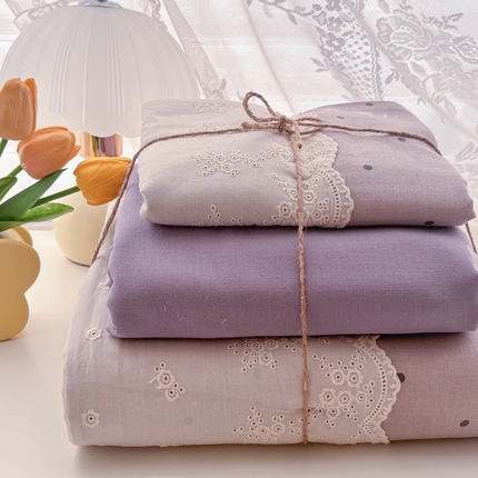 盼季家纺 2025新款A类法式小清新皱皱纱花边水洗棉床上四件套宿舍床笠三件套 法式花边-芋泥波波