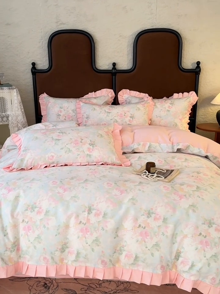 91家纺网 家纺一手货源 找家纺 简宜2025新款荷叶双层纯棉边四件套 梦幻花瓣-荷叶边