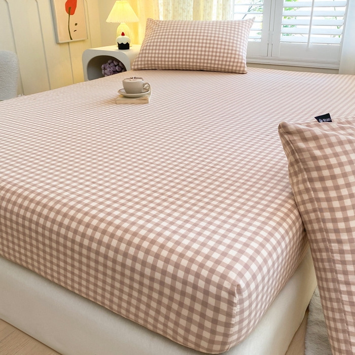 91家纺网 家纺一手货源 找家纺 鑫钰 2025新款全棉有氧双层纱床笠 格子咖