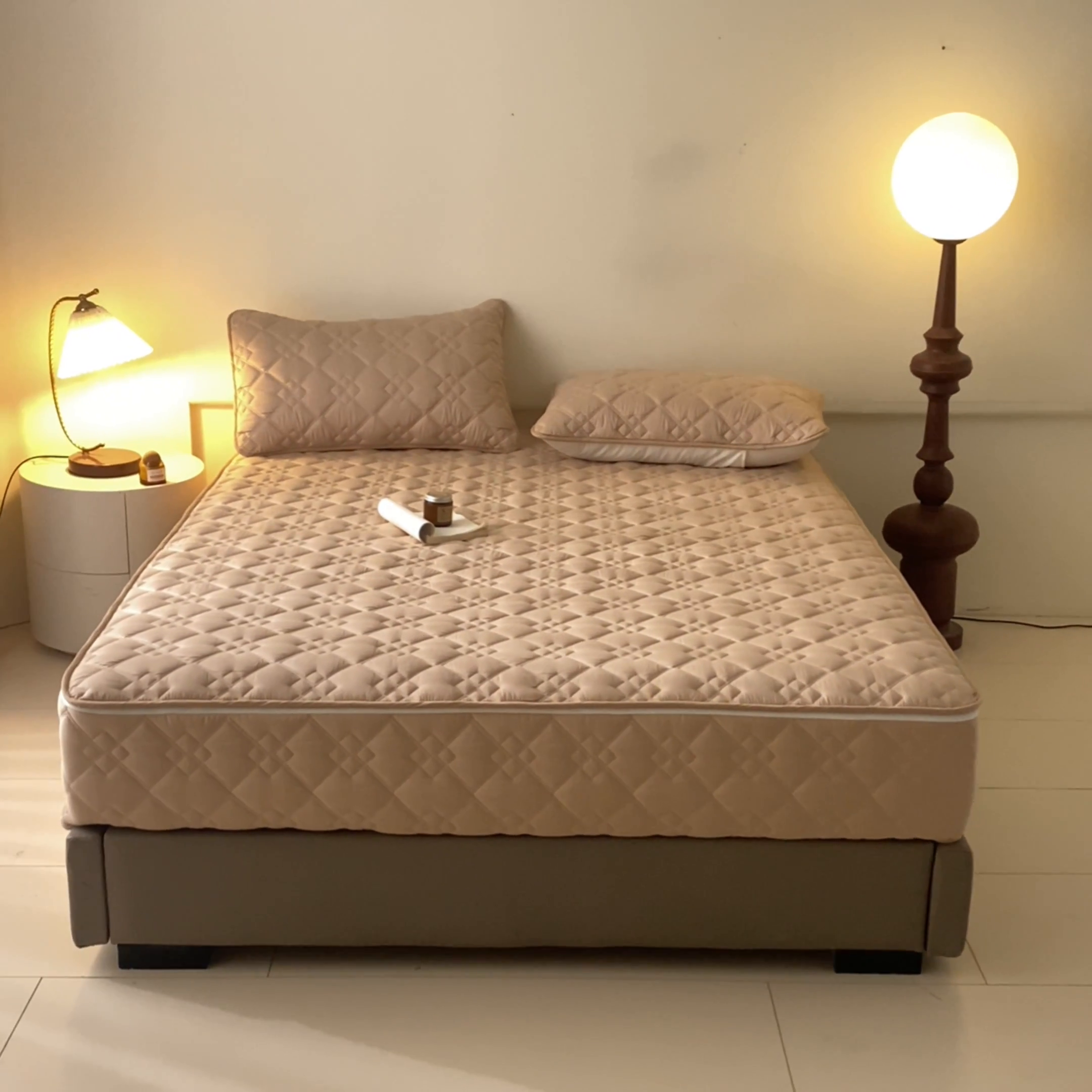 91家纺网 家纺一手货源 找家纺 鑫钰2025新款纯棉全棉六面全包床笠 四方格-全包床笠-卡其