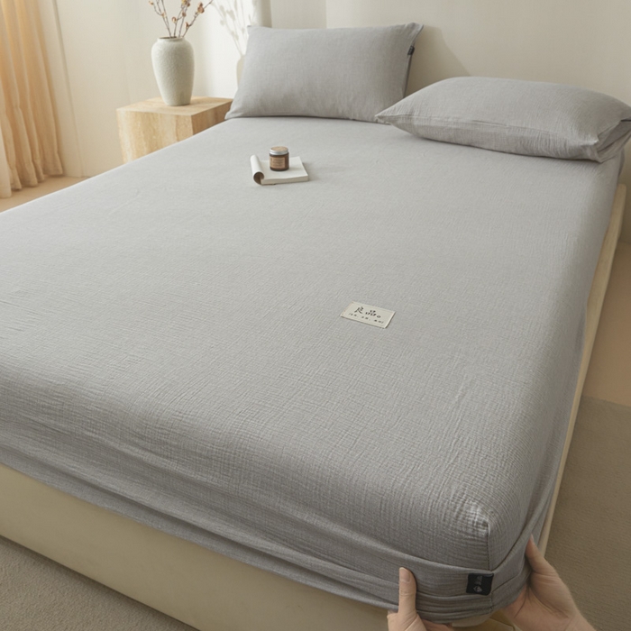 91家纺网 家纺一手货源 找家纺 鑫钰 2025新款A类全棉双棉皱皱纱床笠 气质灰