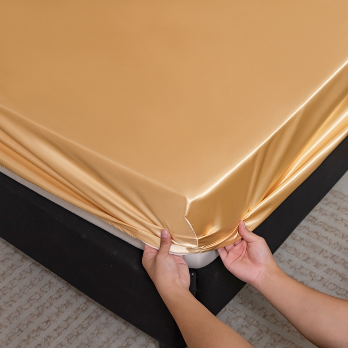 91家纺网 家纺一手货源 找家纺 梦舒羽2025新款防水冰丝纯色床笠凉爽柔顺床垫保护罩 防水冰丝床笠-金驼色