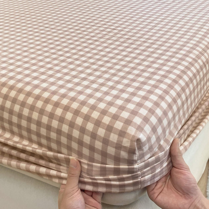 91家纺网 家纺一手货源 找家纺 鑫钰 2025新款全棉有氧双层纱床笠 格子咖