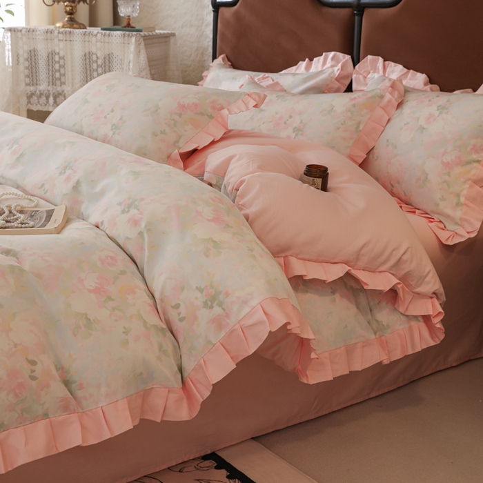 91家纺网 家纺一手货源 找家纺 简宜2025新款荷叶双层纯棉边四件套 梦幻花瓣-荷叶边