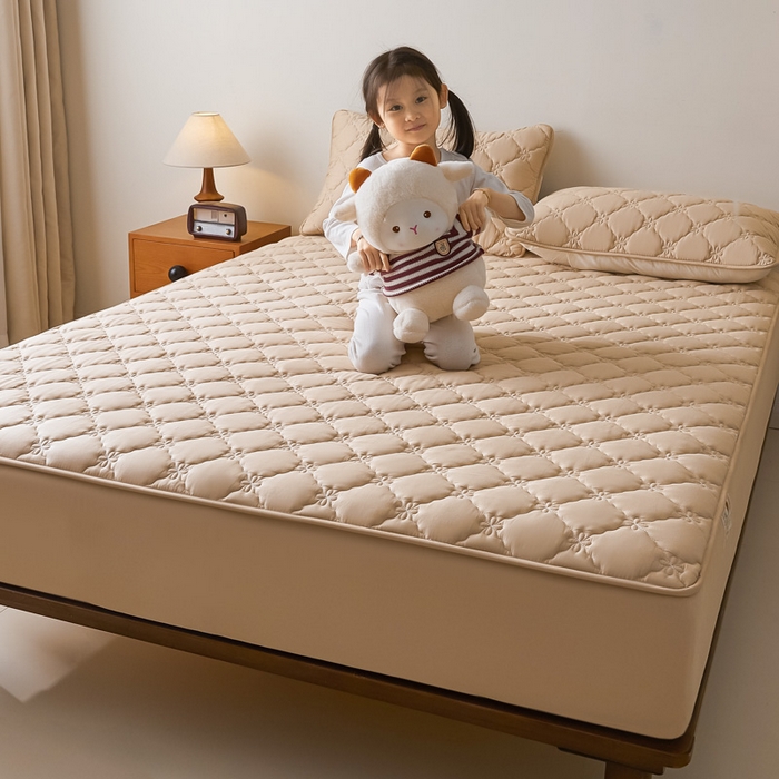 91家纺网 家纺一手货源 找家纺 鑫钰2025新款防水纯棉全棉夹棉床笠--四叶草白墙 四叶草-驼