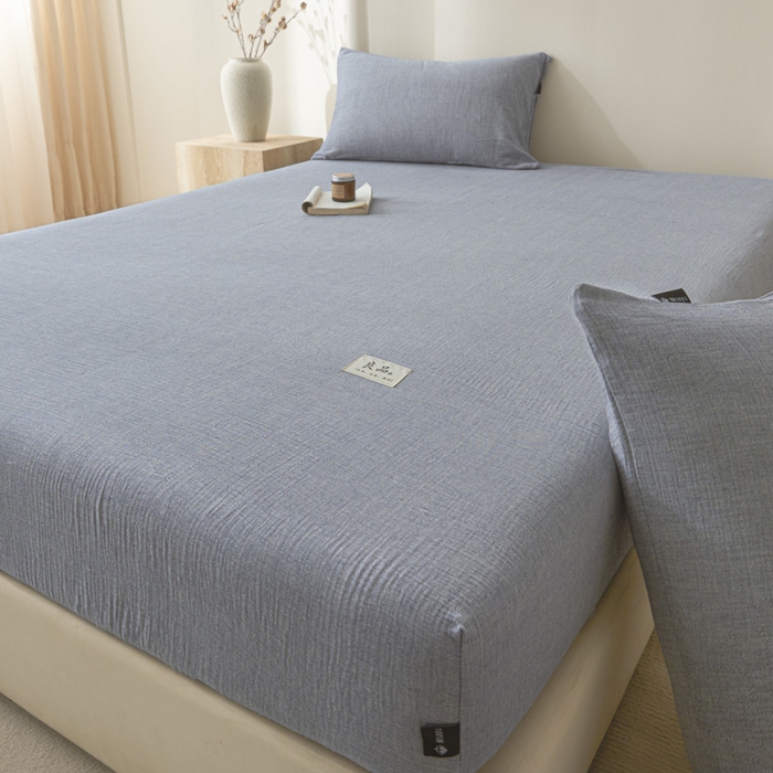 91家纺网 家纺一手货源 找家纺 鑫钰 2025新款A类全棉双棉皱皱纱床笠 天空蓝