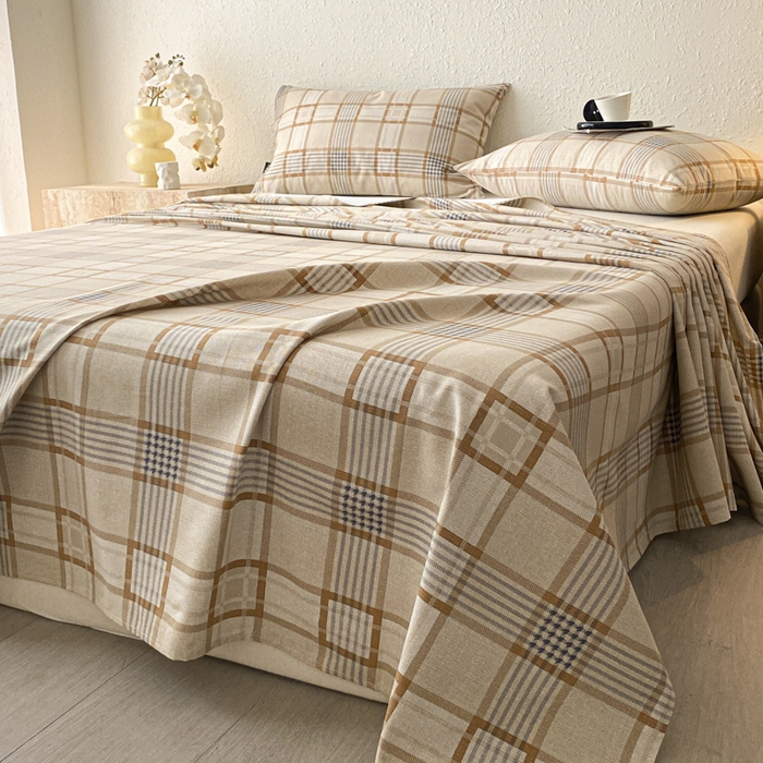 91家纺网 家纺一手货源 找家纺 鑫钰 2025新款老粗布床单床笠系列-格纹系列 格韵咖