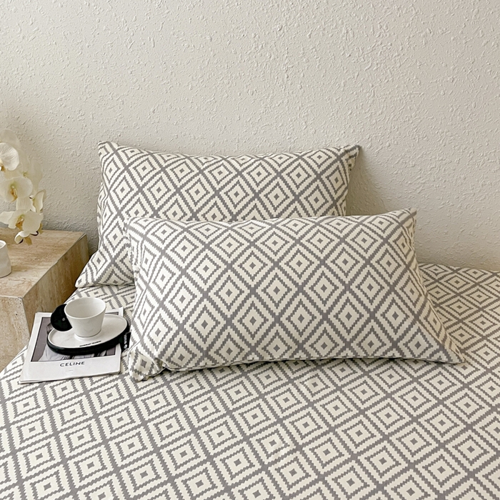 91家纺网 家纺一手货源 找家纺 鑫钰 2025新款老粗布床单床笠系列-格纹系列 菱格灰