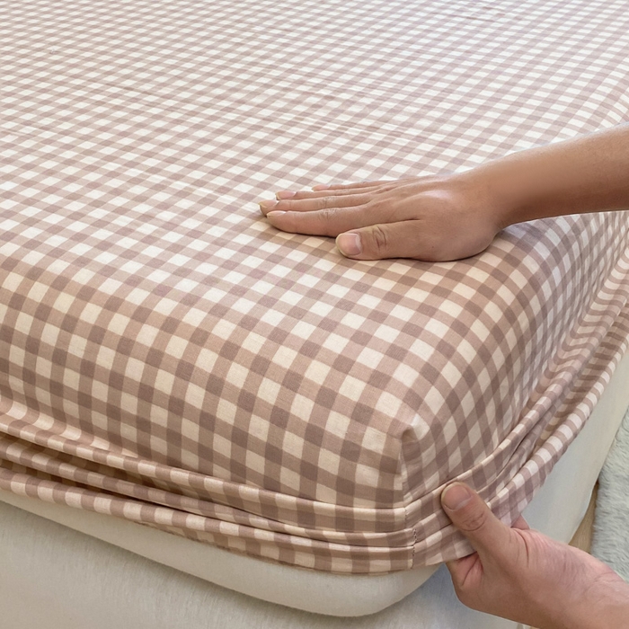 91家纺网 家纺一手货源 找家纺 鑫钰 2025新款全棉有氧双层纱床笠 格子咖