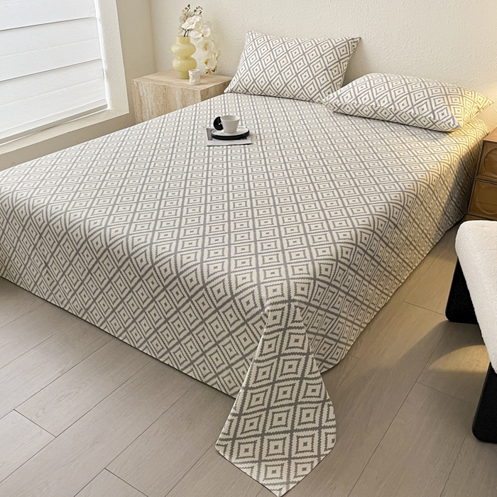 91家纺网 家纺一手货源 找家纺 鑫钰 2025新款老粗布床单床笠系列-格纹系列 菱格灰