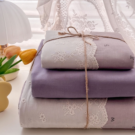 盼季家纺 2025新款A类法式小清新皱皱纱花边水洗棉床上四件套宿舍床笠三件套 法式花边-蝴蝶结紫