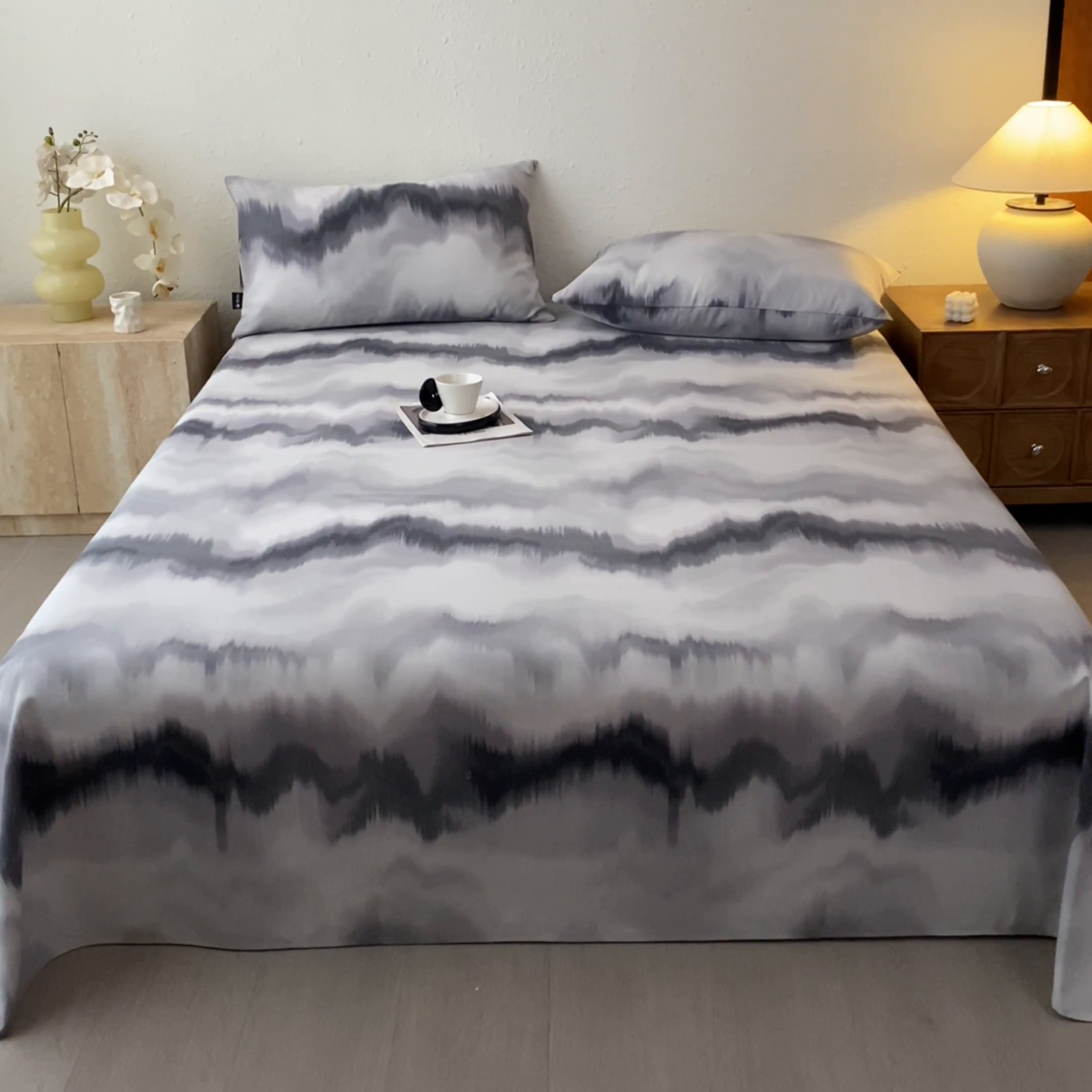 91家纺网 家纺一手货源 找家纺 鑫钰 2025新款老粗布床单床笠系列-格纹系列 水墨纹