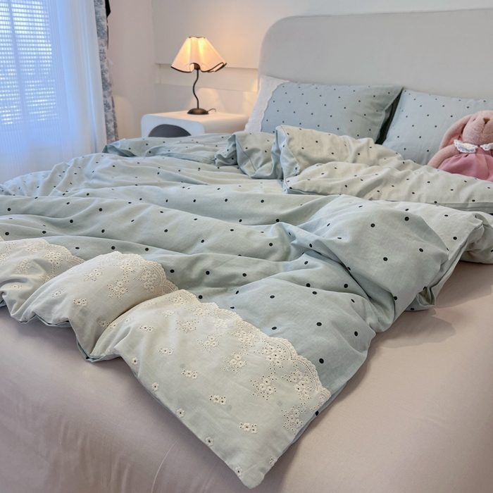 91家纺网 家纺一手货源 找家纺 盼季家纺 2025新款A类法式小清新皱皱纱花边水洗棉床上四件套宿舍床笠三件套 法式花边-海盐蓝蓝