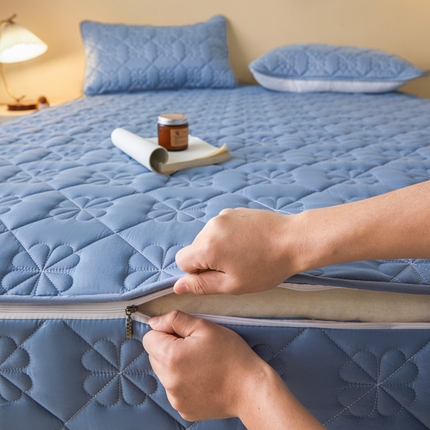 鑫钰2025新款纯棉全棉六面全包床笠 桃花-全包床笠-湖蓝