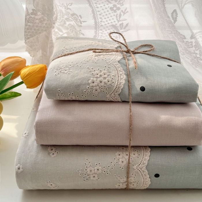 91家纺网 家纺一手货源 找家纺 盼季家纺 2025新款A类法式小清新皱皱纱花边水洗棉床上四件套宿舍床笠三件套 法式花边-海盐蓝蓝