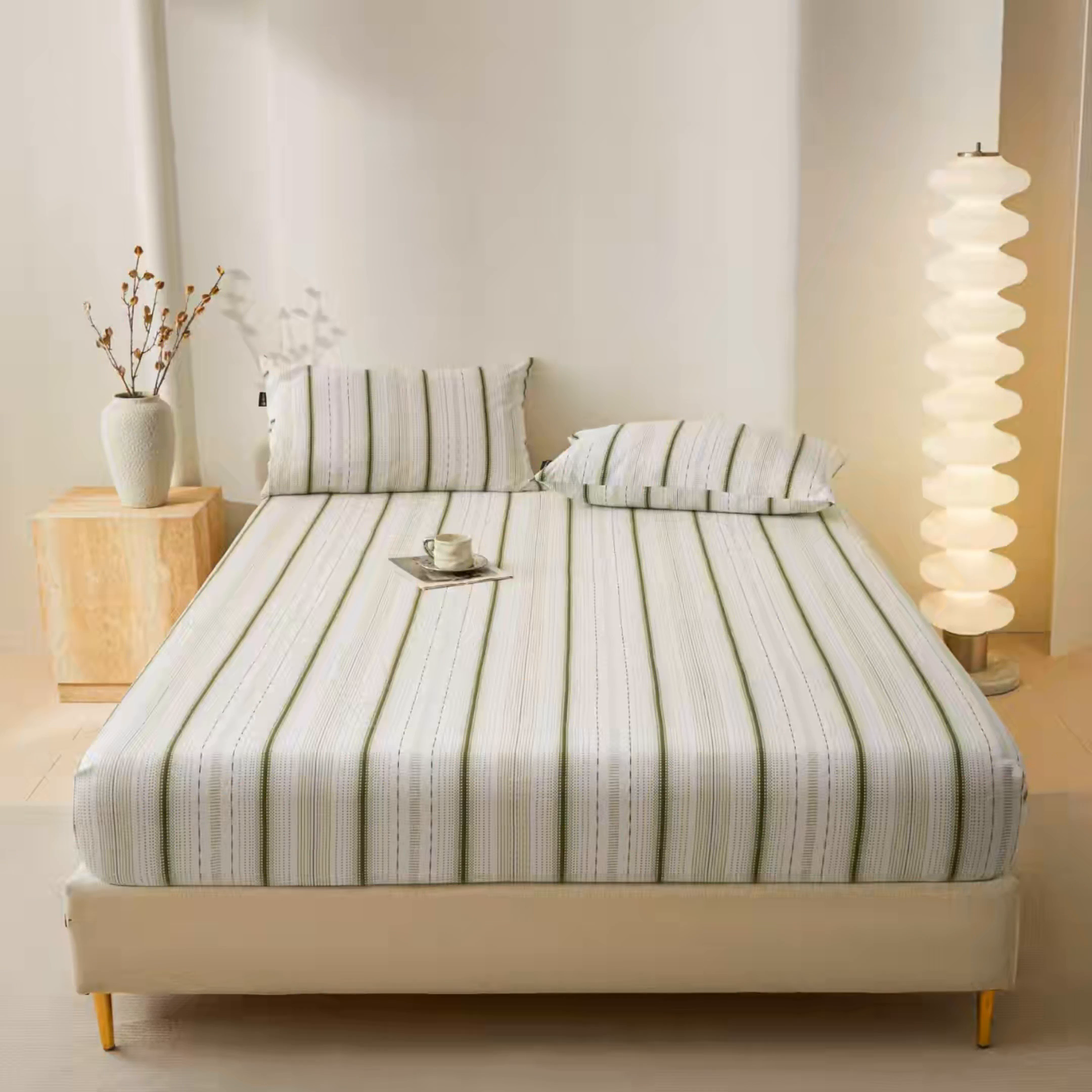 91家纺网 家纺一手货源 找家纺 鑫钰2025新款纯棉全棉老粗布床笠--北欧风 莫奈(绿）