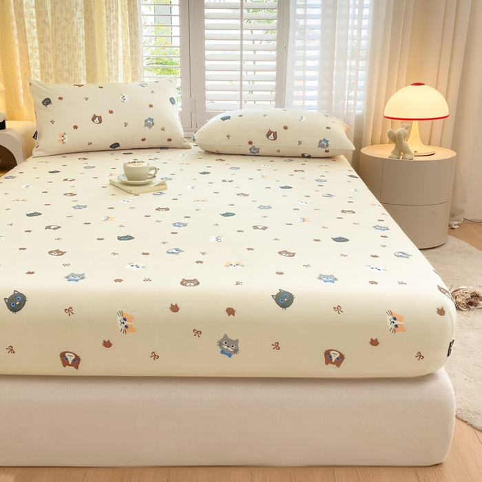 91家纺网 家纺一手货源 找家纺 鑫钰 2025新款全棉有氧双层纱床笠 猫偶