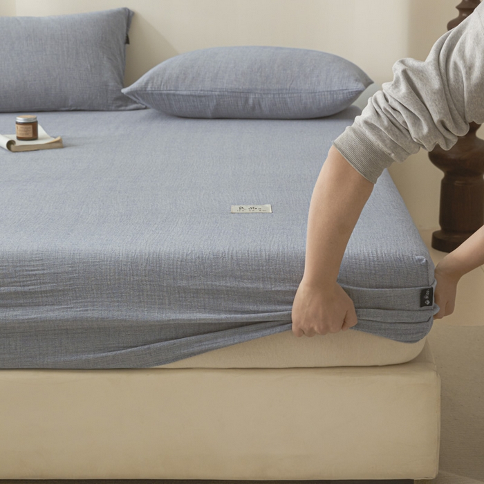 91家纺网 家纺一手货源 找家纺 鑫钰 2025新款A类全棉双棉皱皱纱床笠 天空蓝