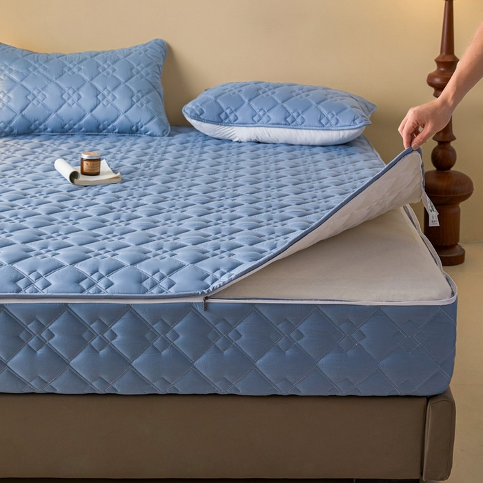 91家纺网 家纺一手货源 找家纺 鑫钰2025新款纯棉全棉六面全包床笠 四方格-全包床笠-湖蓝