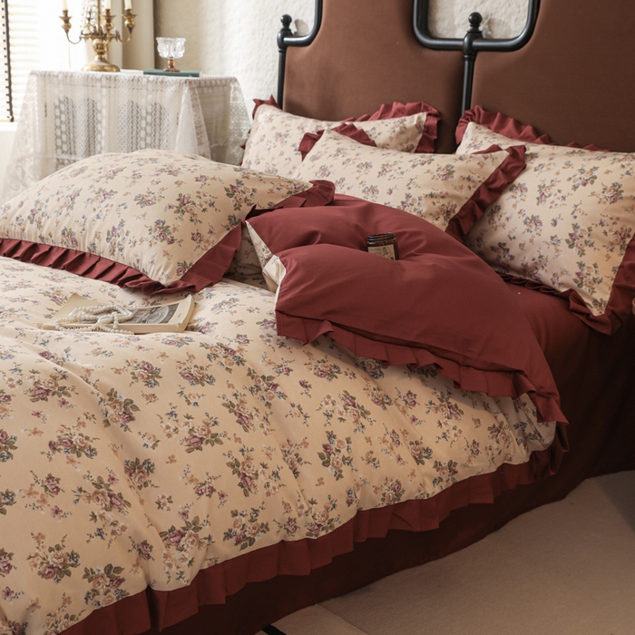 91家纺网 家纺一手货源 找家纺 简宜2025新款荷叶双层纯棉边四件套 菲红花园-荷叶边