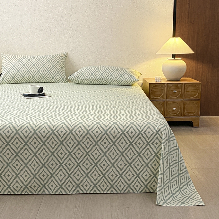 91家纺网 家纺一手货源 找家纺 鑫钰 2025新款老粗布床单床笠系列-格纹系列 菱格绿