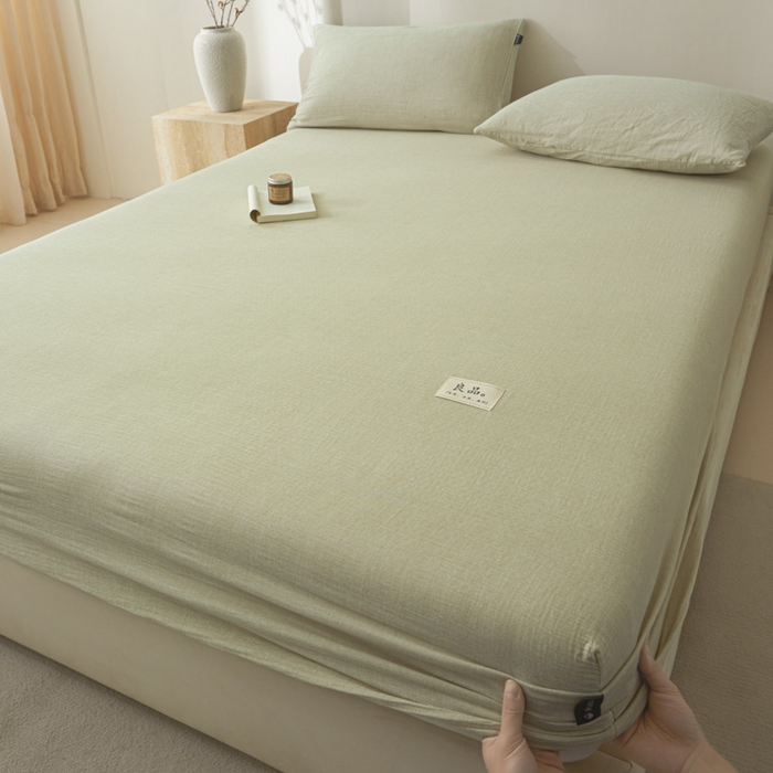 91家纺网 家纺一手货源 找家纺 鑫钰 2025新款A类全棉双棉皱皱纱床笠 淡雅绿