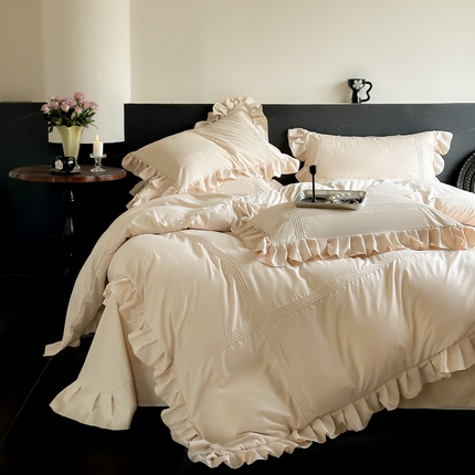 91家纺网 家纺一手货源 找家纺 豪美鑫 2025新款柔肤棉刺绣公主风琳卡系列四件套 琳卡-奶咖