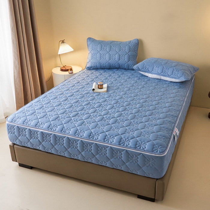 91家纺网 家纺一手货源 找家纺 鑫钰2025新款纯棉全棉六面全包床笠 桃花-全包床笠-湖蓝