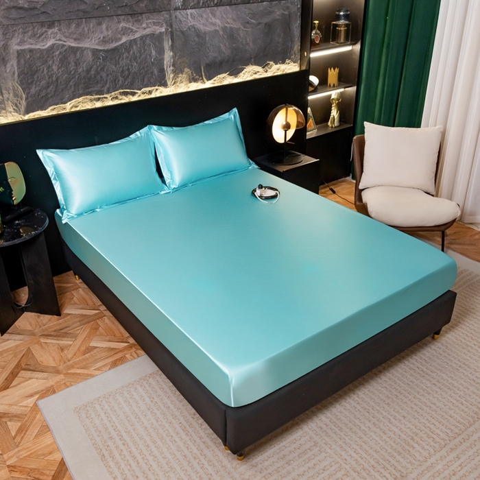 91家纺网 家纺一手货源 找家纺 梦舒羽2025新款防水冰丝纯色床笠凉爽柔顺床垫保护罩 防水冰丝床笠-水蓝色