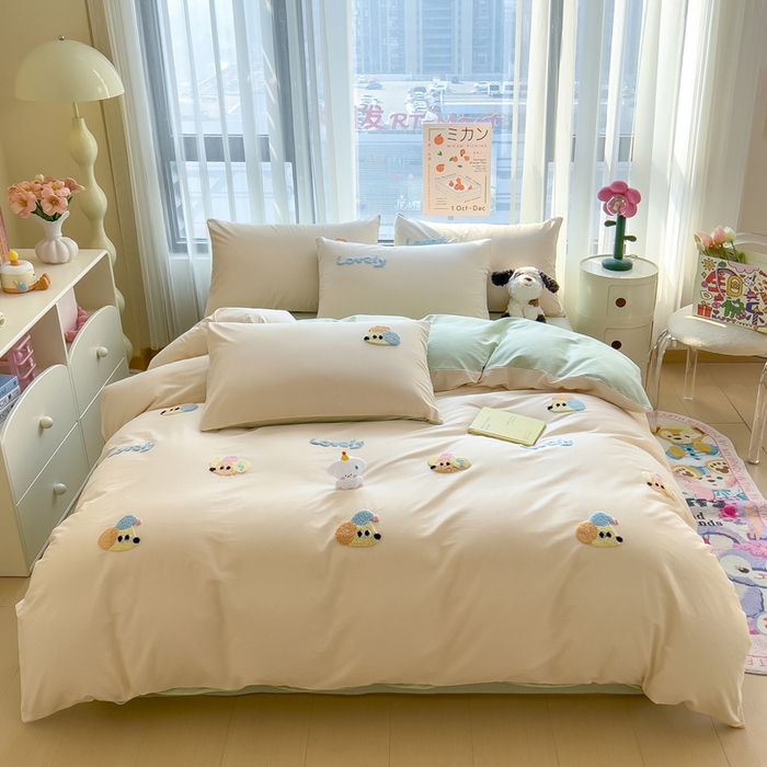 91家纺网 家纺一手货源 找家纺 （总）斯尔顿 2025年新款全棉四件套13372纯棉绣花三件套毛巾绣四件套学生套装NB熊系列