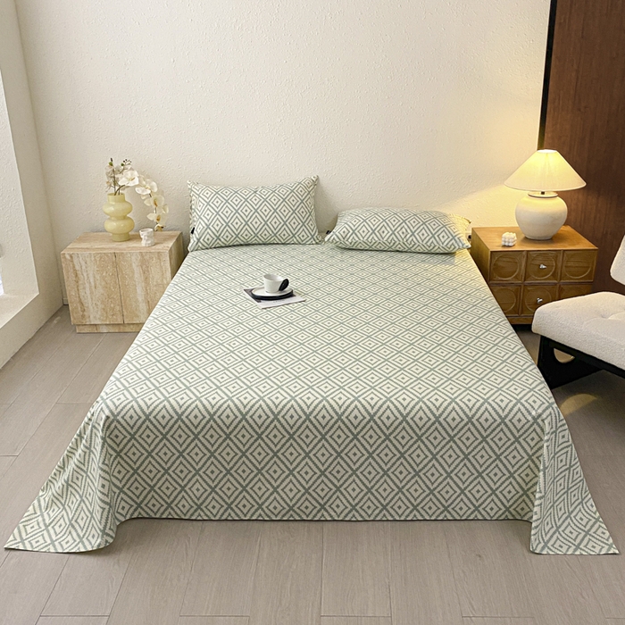 91家纺网 家纺一手货源 找家纺 鑫钰 2025新款老粗布床单床笠系列-格纹系列 菱格绿