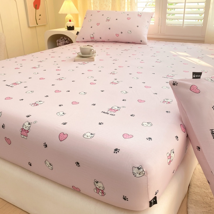 91家纺网 家纺一手货源 找家纺 鑫钰 2025新款全棉有氧双层纱床笠 心动猫