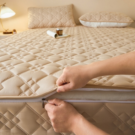 鑫钰2025新款纯棉全棉六面全包床笠 四方格-全包床笠-卡其