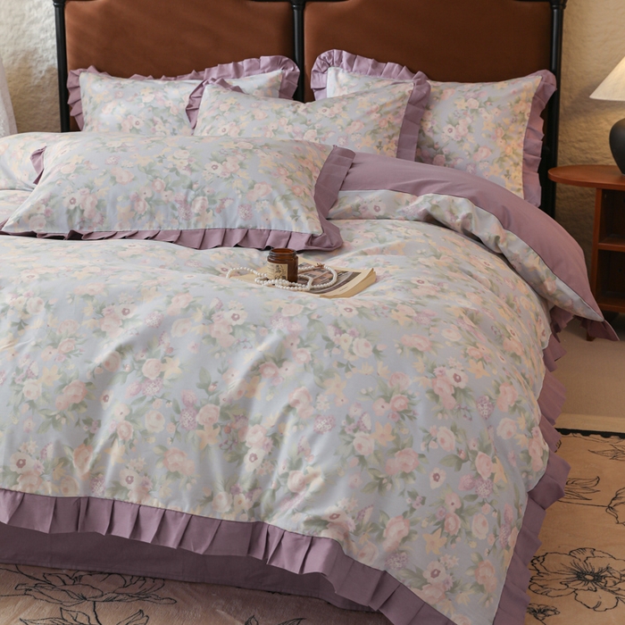 91家纺网 家纺一手货源 找家纺 简宜2025新款荷叶双层纯棉边四件套 芬芳紫-荷叶边